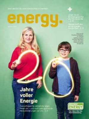 Cover des Energy Magazins. Abgebildet sind eine blonde Frau und ein braunhaariger Junge, die mit der Hand eine leuhtende 20 vor sich zeichnen. Der Slogan lautet 