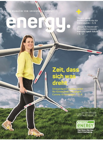 Energy Magazing Nummer 40 Cover. Collage einer Frau, die über eine Wiese läuft und Windräder trägt.