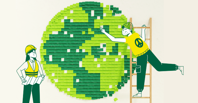 Grafik zeigt zwei Personen, die eine grüne Weltkugelaus Post-Its an die Wand kleben