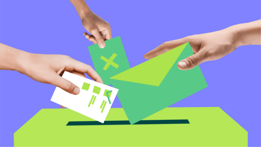 Illustrierte Grafik vor grünem Hintergrund. Drei verschiedene Hände werfen Umschläge und Zettel in einen Kasten mit Schlitz.