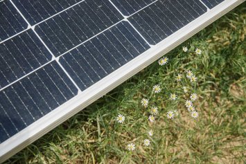 Nahaufnahme einer Solaranlage die auf einem Feld liegt.