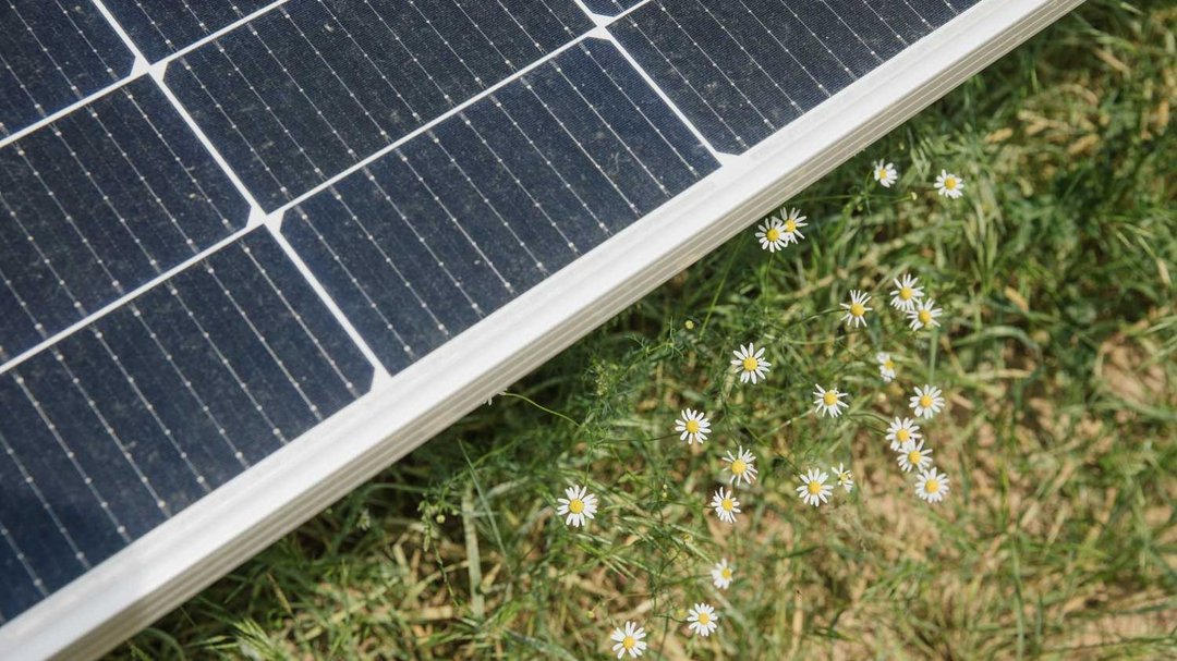 Nahaufnahme einer Solaranlage die auf einem Feld liegt.