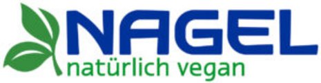 Logo der Marke „NAGEL“ in Blau-Grün. Links zwei grüne Blätter, darunter der Text „natürlich vegan“. Das Logo vermittelt ein nachhaltiges, veganes Image in einem klaren und modernen Design.