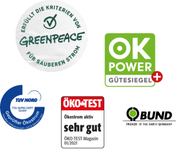 Das Bild zeigt fünf Logos von Umwelt- und Qualitätssiegeln: Greenpeace, OK Power Gütesiegel, TÜV Nord geprüfter Ökostrom, ÖKO-TEST „sehr gut“ und "B U N D Friends of the Earth Germany".