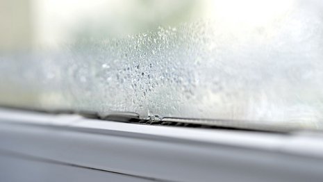 Ausschnitt eines Fensters mit weißem Fensterrahmen. Auf der Scheibe ist ein Kondenswasserstreifen zu sehen, der sich am Fensterrahmen sammelt.