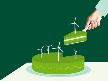 Illustration eines Kuchens mit Windrädern darauf, der auf einem Tisch vor dunkelgrünem Hintergrund steht. Eine Hand hebt ein Stück des Kuchens mit Kuchenheber hoch.