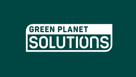 Logo mit Schriftzug von Green Planet Solutions auf dunkelgrünem Hintergrund.