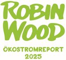 Schriftzug "Robin Wood Ökostromreport 2020/2023" in Wiesengrün.