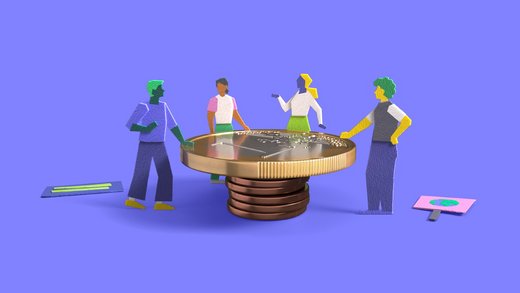 Scherenschnitt: Menschen diskutieren an einem Tisch. Der Tisch ist eine Euromünze.