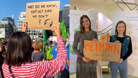 Linkes Bild: Eine Person hält ein Schild mit der Aufschrift "WHY DO WE KNOW, BUT ACT LIKE WE DON'T?". Menschen versammeln sich auf einer Kundgebung im Freien. Rechtes Bild: Zwei Personen halten ein Schild mit "RETHINK #1 DENK UM!" in einem Innenraum mit Informationspostern. Texte von Postern im Hintergrund: Linkes Bild: Text nicht vollständig lesbar. Rechtes Bild: 1. "Warum shoppen wir so gerne Kleidung?" 2. "Du möchtest etwas kaufen?" 3. "Wird es dich nur kurzfristig glücklich machen? Nein."