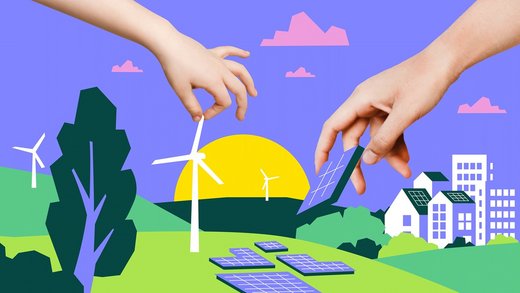 Eine erwachsene und eine Kinderhand setzen Windräder und Solarmodule in eine grüne Landschaft.