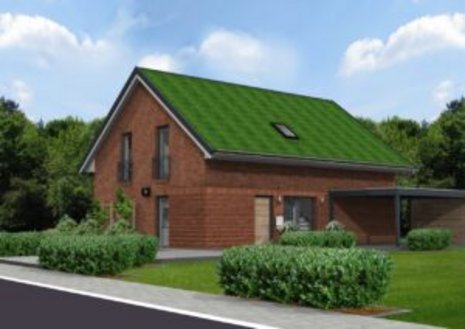 Computergeneriertes Bild von einem Einfamilienhaus mit grünem Dach.