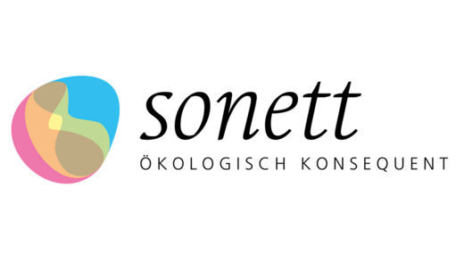 Ein farbenfrohes, organisches Logo symbolisiert Nachhaltigkeit. Darunter steht der Text „sonett ÖKOLOGISCH KONSEQUENT“ auf weißem Hintergrund. Das Design vermittelt ökologische Verantwortung und Markenidentität.
