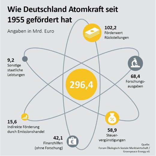 Seit 1955 hat Deutschland die Atomkraft mit 102,2 Mrd. Euro durch Rückstellungen, 68,4 Mrd. Euro durch Forschungsausgaben, 58,9 Mrd. Euro durch Steuererleichterungen, 42,1 Mrd. Euro durch Finanzhilfen, 15,6 Mrd. Euro durch indirekte Subventionen und 9,2 Mrd. Euro durch sonstige staatliche Leistungen gefördert.
