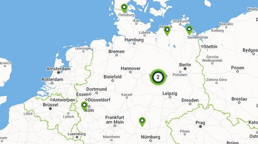 Eine Landkarte von Deutschland auf denen die Lieferantenkraftwerke angezeigt werden.