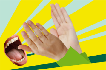 Collage eines rufenden Mundes und klatschender Hände vor gelben Strahlen.