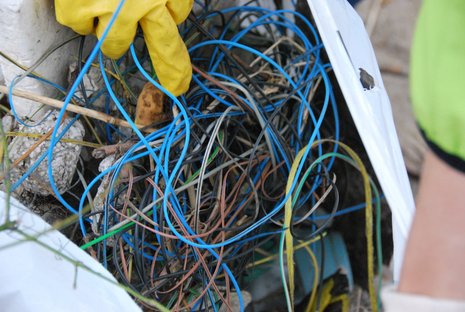 Gelbe Handschuhe durchwühlen ein Bündel bunter Kabel in einer Plastiktüte. Umgebung: Außenbereich mit Grasteilansicht und unsortiertem Abfall. Keywords: Elektroschrott, Recycling, Umweltschutz.