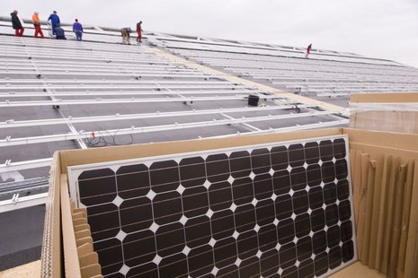 Ein Photovoltaikmodul in Großaufnahme. Im Hintergrund werden Module von Arbeitern montiert.