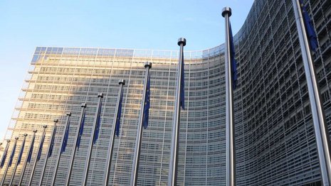 Ein großes, modernes Hochhaus mit vielen Fahnenmasten davor