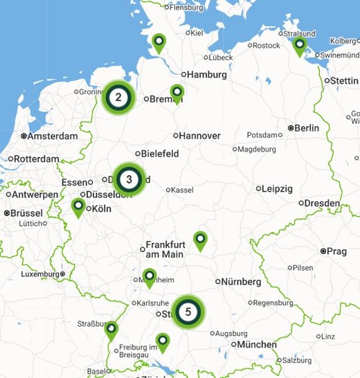 Eine Landkarte von Deutschland auf denen die Lieferantenkraftwerke angezeigt werden.