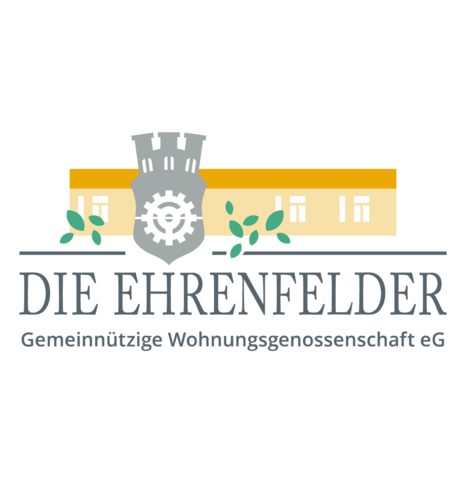 Logo der Ehrenfelder Wohnungsbaugenossenschaft mit entsprechendem Schriftzug in Schwarz. Darüber ist in verschiedenen Orange-Nuancen ein Haus und ein Wappen in Grau abgebildet.