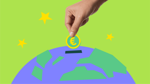 Grafik-Collage: eine Hand wirft einen symbolischen Euro in einen Schlitz in der illustrierten Erde. Der Hintergrund ist dunkelgrün mit weißen Sternen.