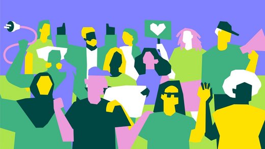 Bunte Illustration von vielen Menschen, die Plakate und Stecker in die Luft halten.
