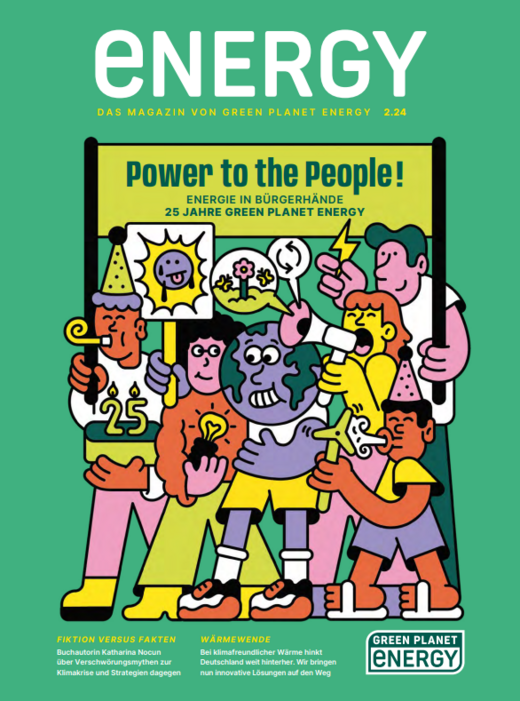 Ein Bild mit der Überschrift "Energy" in weißer Schrift auf türkisem Hintergrund. Darunter sind illustrierte Personen unterschiedlicher Haut- und Haarfarben zu sehen, die ein Demo-Banner halten. Auf dem Banner steht: "Power to the People".