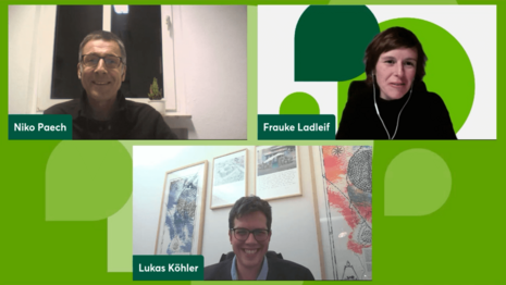 Screenshot von Niko Paech, Frauke Ladleif und Lukas Köhler beim Online-Event Energiekongress 2022 