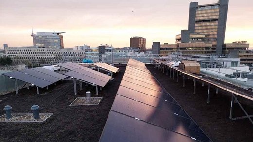 Flachdach mit mehreren Reihen installierter Photovoltaikmodule, umgeben von städtischen Gebäuden im Hintergrund.