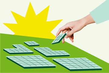 Grafik in Collagen-Art: Eine Solaranlage, die von einer Hand weitergebaut wird. Im Hintergrund scheint die Sonne.