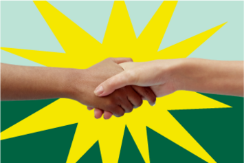 Zwei Hände geben sich einen Händedruck. Im Hintergrund ist eine gelbe Sonne vor grünem Hintergrund illustriert.