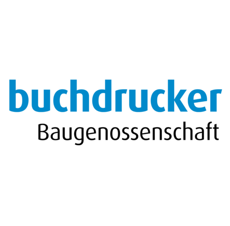 Logo der Buchdrucker Baugenossenschaft auf weißem Hintergrund. Der Teil "buchdrucker" ist in blau geschrieben. "Baugenossenschaft" in schwarz und dünner Schrift.