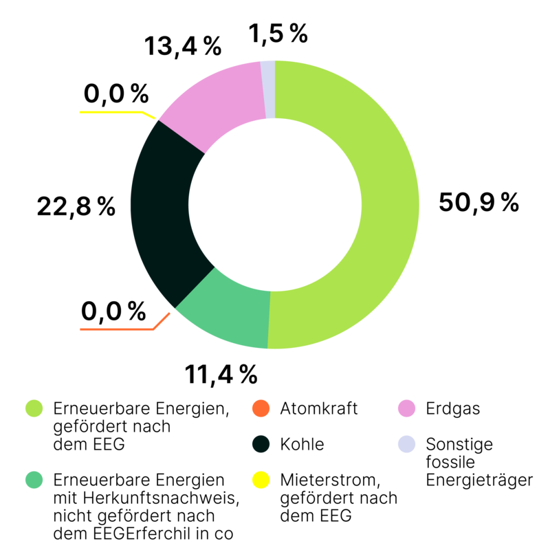 Infografik für den bundesdeutschen Strommix. Größter Anteil aus erneuerbaren Energien. Zweitgrößter aus Kohlekraftwerken.