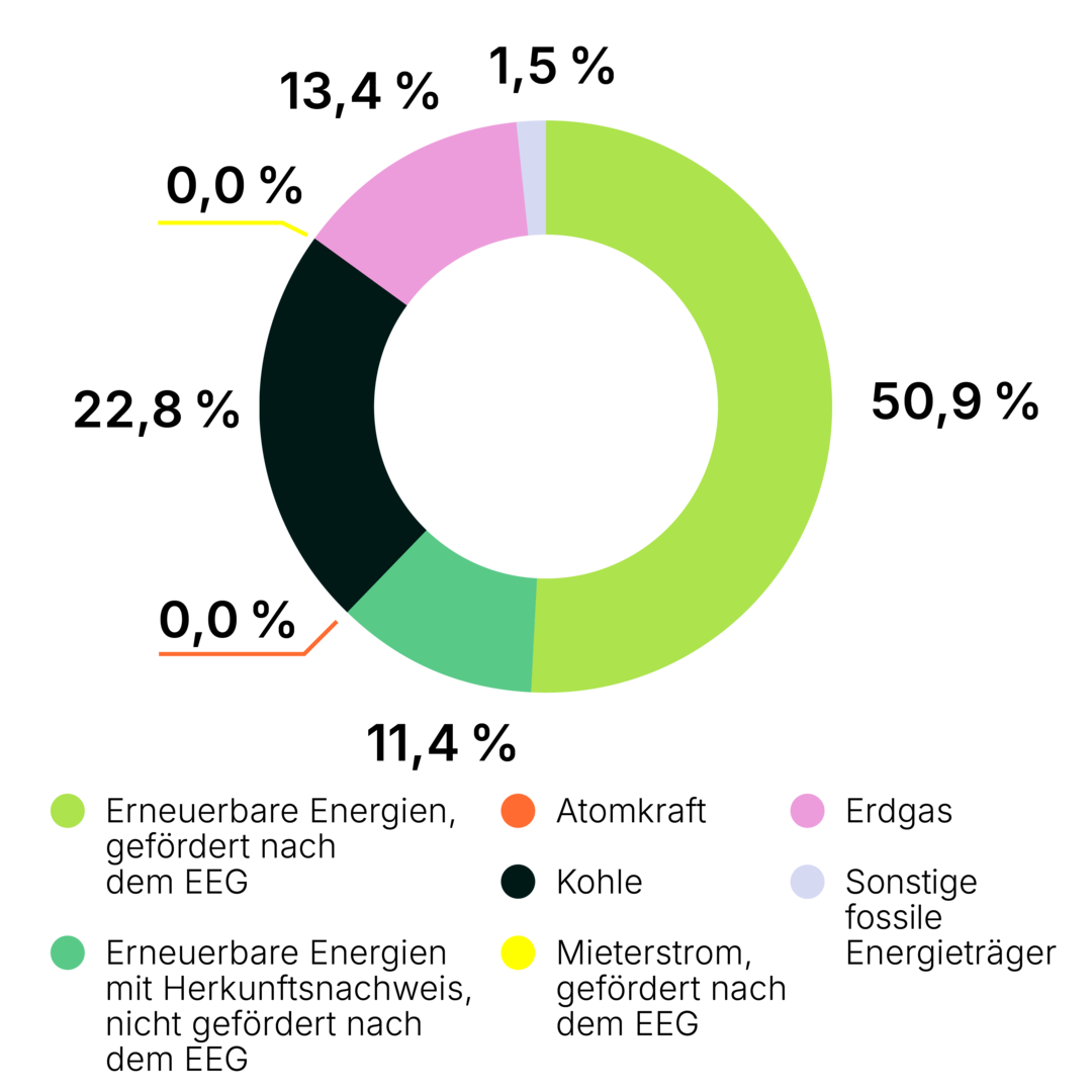 Infografik für den bundesdeutschen Strommix. Größter Anteil aus erneuerbaren Energien. Zweitgrößter aus Kohlekraftwerken.