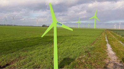 Windräder auf einer grünen Landschaft, ergänzt durch grüne Windrad-Symbole 