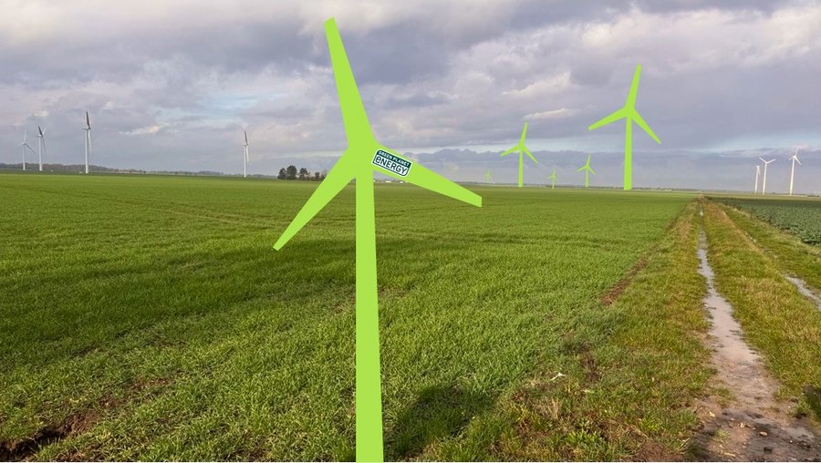 Windräder auf einer grünen Landschaft, ergänzt durch grüne Windrad-Symbole 