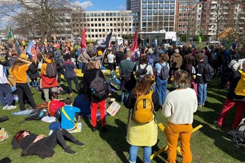 Viele Menschen stehen, manche sitzen oder liegen auf einer Wiese, manche haben Schilder oder Fahnen in der Hand; im Hintergrund ein LKW mit einer kleinen Bühne