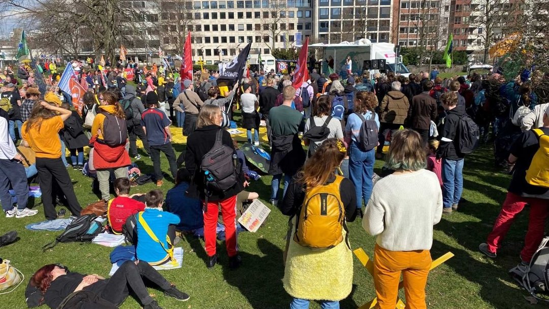 Viele Menschen stehen, manche sitzen oder liegen auf einer Wiese, manche haben Schilder oder Fahnen in der Hand; im Hintergrund ein LKW mit einer kleinen Bühne