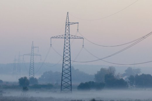 Strommasten stehen still in einer nebligen Landschaft. Die Hochspannungsleitungen erstrecken sich durch das Bild, während Bäume und Sträucher im Hintergrund sichtbar sind.