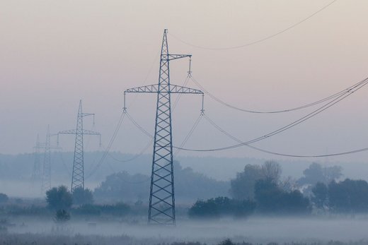 Strommasten stehen still in einer nebligen Landschaft. Die Hochspannungsleitungen erstrecken sich durch das Bild, während Bäume und Sträucher im Hintergrund sichtbar sind.