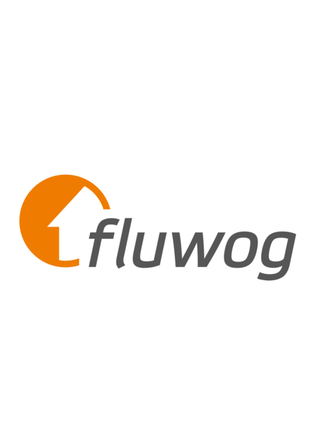 Logo der fluwog mit grauer Schrift und orangenem Hauszeichen