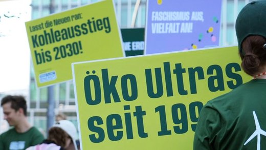 Eine Frau von hinten, die ein Demoschild hält, das etwas von ihrer Schulter verdeckt wird - noch zu erkennen der Text "Öko Ultras seit 199...".