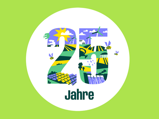 Illustration der Zahl 25 mit Sonne, Solaranlagen, Bienen, Vögeln und Windkraftanlagen in Flieder, Gelb und Grüntönen. Darunter steht der Schriftzug "Jahre".