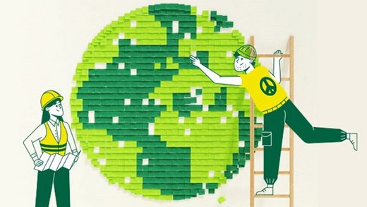 Grafik mit zwei Comic-Figuren vor grüner Weltkugel
