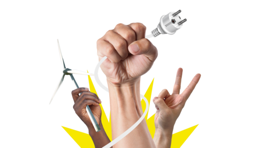 Drei Hände sind nach oben gestreckt. Eine hält einen Stecker, eine ein Modell einer Windanlage und eine macht das Peace-Zeichen mit den Fingern. Im Hintergrund gibt es eine gelbe sonnenähnliche Form.