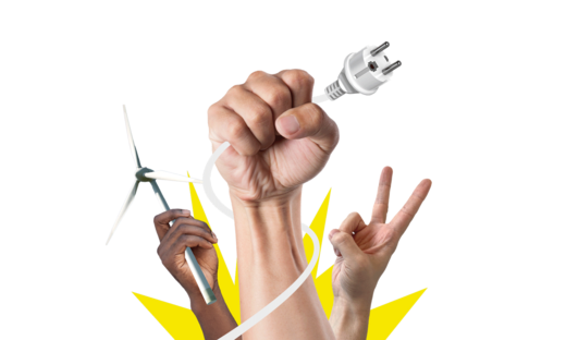 Drei Hände sind nach oben gestreckt. Eine hält einen Stecker, eine ein Modell einer Windanlage und eine macht das Peace-Zeichen mit den Fingern. Im Hintergrund gibt es eine gelbe sonnenähnliche Form.