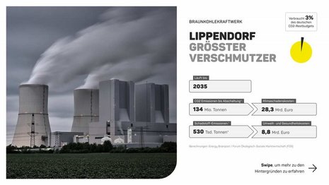 Zwei Schornsteine eines Braunkohlekraftwerks mit dem Text "Lippendorf gröter Verschmutzer" und einigen Kennzahlen zu Emissionen und Kosten rechts daneben.