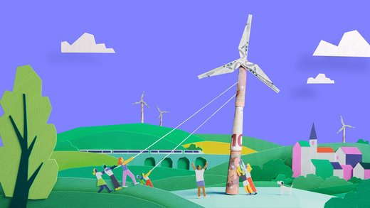 Scherenschnitt: Menschen bauen gemeinsam ein Windrad auf, das aus Euroscheinen besteht.