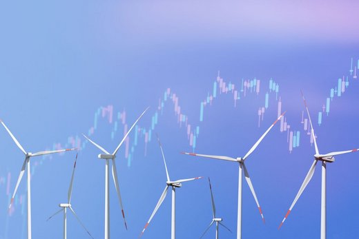 8 Windräder in unterschiedlichen Entfernungen vor blauem Himmel. Quer über das Foto verläuft ein leicht transparenter Graph in den Farben Rosa und blau.